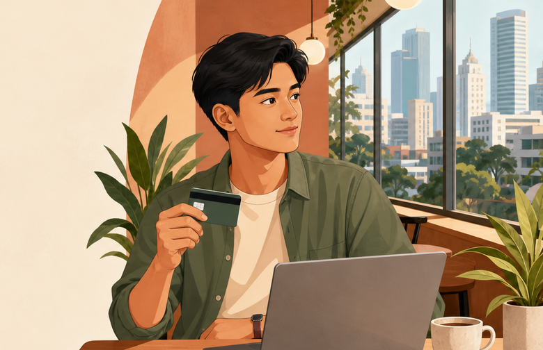 Man holding credit card beside laptop
