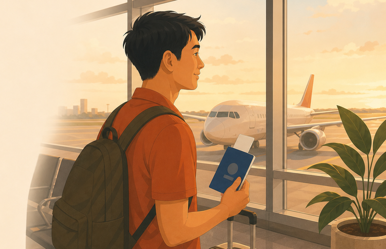 Traveler holding passport at airport gate