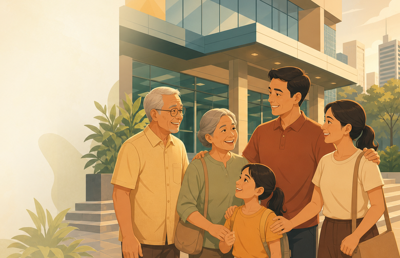 Family outside a government benefits office